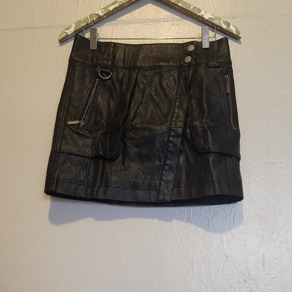 Free People Black Womens SZ 2 Leather Asymmetrical Midi Skirt